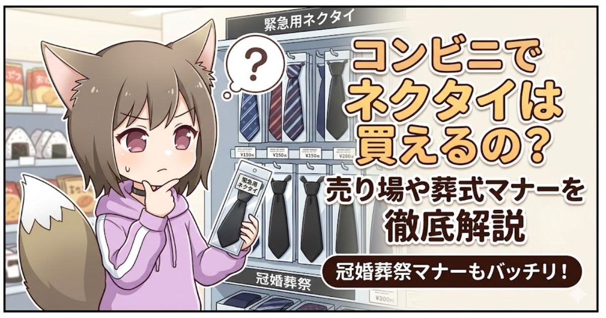 「コンビニでネクタイは買えるの？売り場や葬式マナーを徹底解説」のテキストと、コンビニのネクタイ売り場で悩む女の子のイラストが描かれたアイキャッチ画像