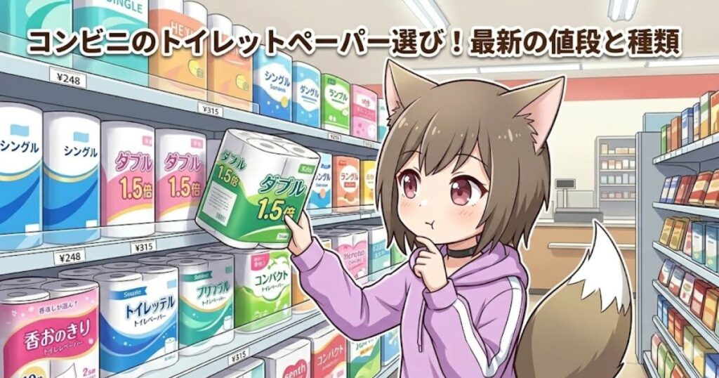 コンビニのトイレットペーパー売り場で商品を選ぶ猫耳の女の子のイラスト（記事アイキャッチ画像）
