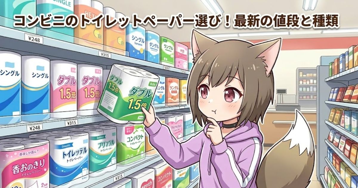 コンビニのトイレットペーパー売り場で商品を選ぶ猫耳の女の子のイラスト(記事アイキャッチ画像)