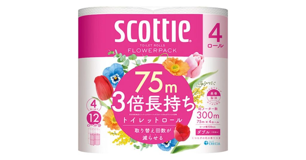 コンビニで買える「スコッティ フラワーパック 3倍長持ちトイレットロール(ダブル4ロール)」のパッケージ