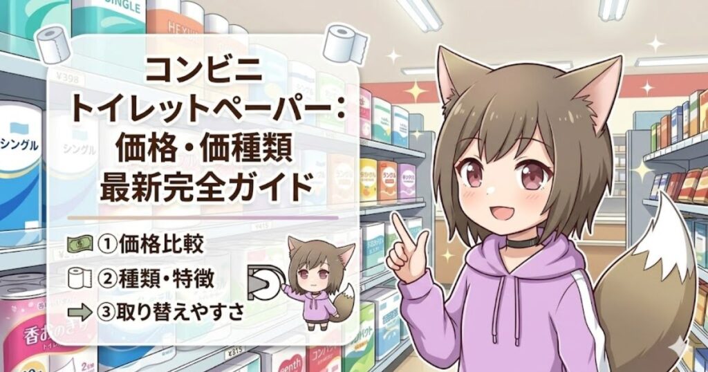 コンビニトイレットペーパーの価格比較や種類を解説する猫耳の女の子のイラスト(記事アイキャッチ画像)