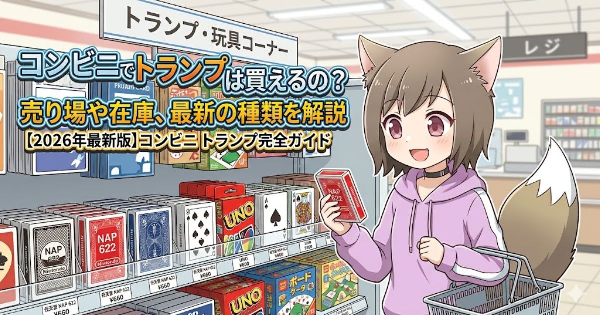コンビニのトランプ売り場で商品を手にする女性キャラクターのイラスト