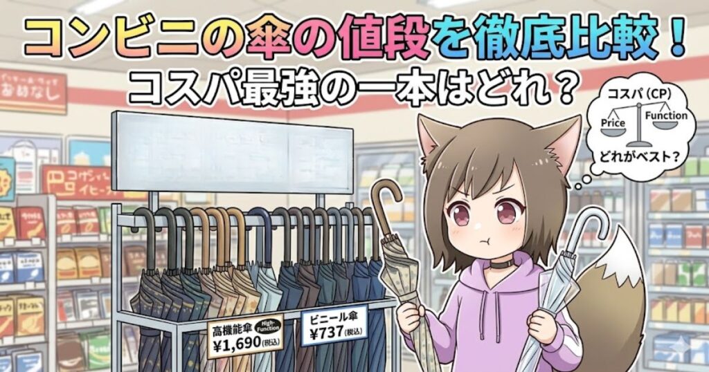 「コンビニの傘売り場で傘を選ぶキャラクターのイラスト。『コンビニの傘の値段を徹底比較！コスパ最強の一本はどれ？』というテキスト。」