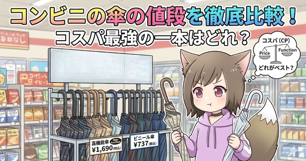 「コンビニの傘売り場で傘を選ぶキャラクターのイラスト。『コンビニの傘の値段を徹底比較!コスパ最強の一本はどれ?』というテキスト。」