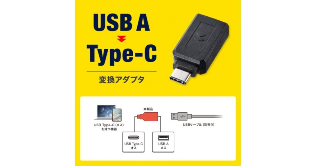 USB AをType-Cに変換するアダプタと、機器同士を繋ぐ接続方法の図解