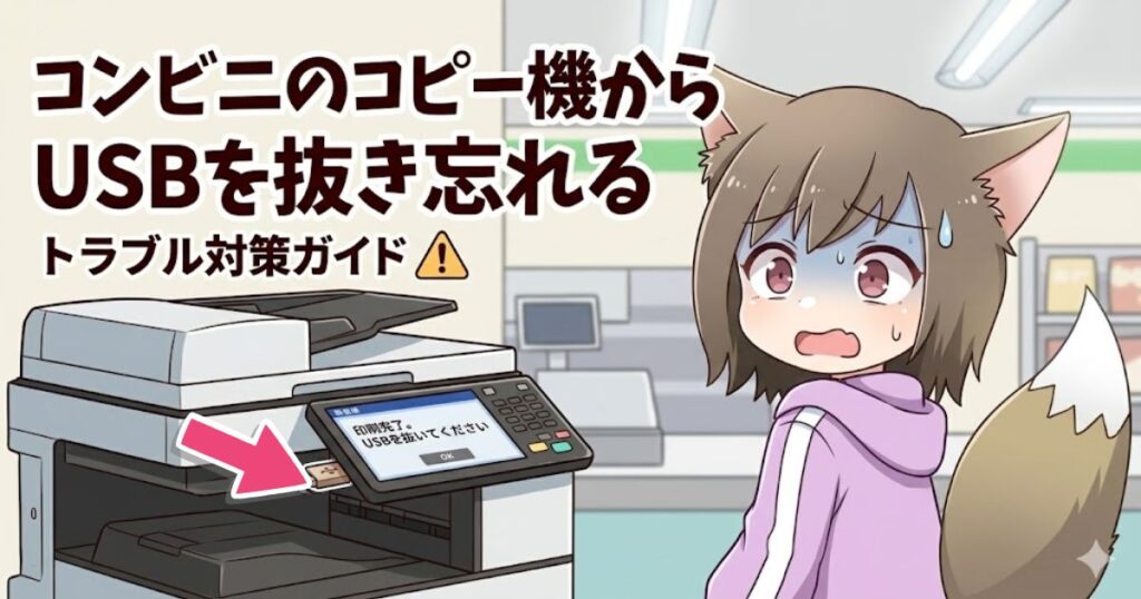 「コンビニのコピー機からUSBを抜き忘れる トラブル対策ガイド」のタイトル文字と、コピー機にUSBメモリを挿したまま焦る女の子のイラスト