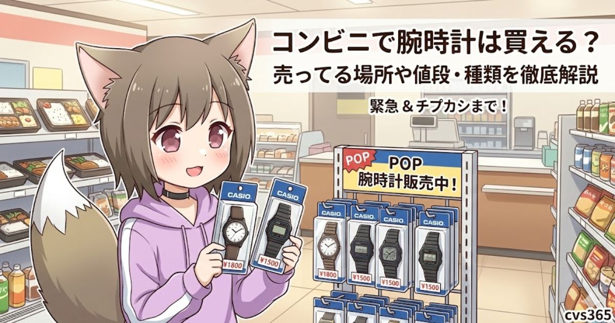コンビニでカシオの腕時計を手にするケモミミの女の子のイラスト