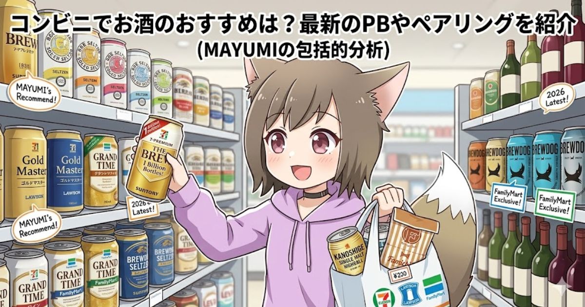 コンビニでお酒のおすすめ商品とファミチキなどを選ぶキツネ耳の女の子（MAYUMI）のアイキャッチ画像