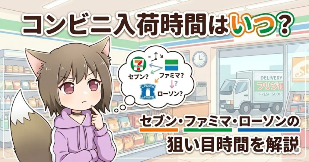 「コンビニ入荷時間はいつ？セブン・ファミマ・ローソンの狙い目時間を解説」と書かれた、ブログキャラクターのMAYUMIがコンビニの入荷時間を考えているアイキャッチ画像