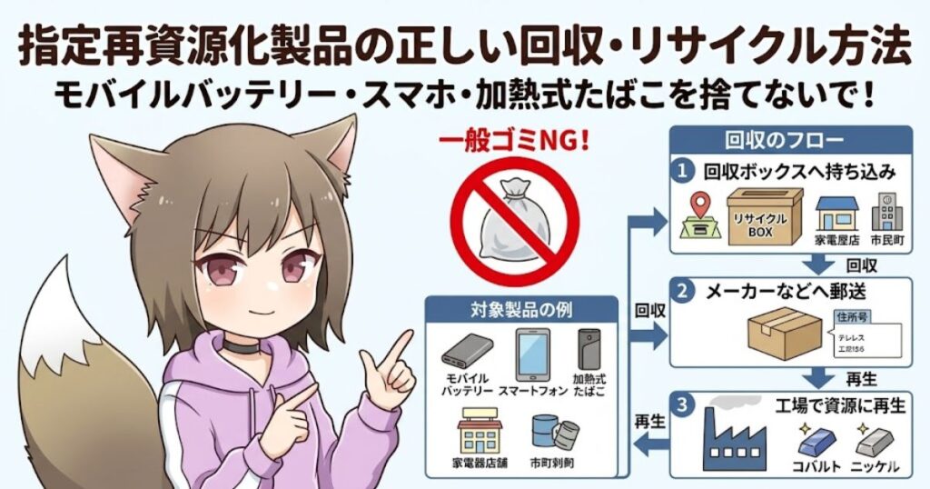 一般ゴミ廃棄NGなど、モバイルバッテリーやスマホ等の指定再資源化製品の正しい回収・リサイクルの流れを解説した図解イラスト