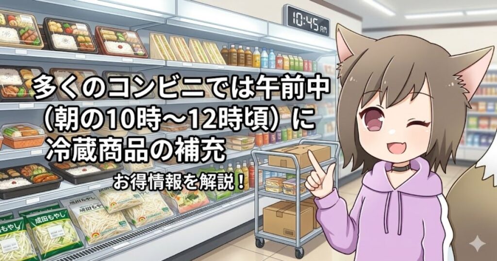 「多くのコンビニでは午前中（朝の10時〜12時頃）に冷蔵商品の補充 お得情報を解説！」と書かれた、キツネ耳の女の子がウインクして指差しをしているアイキャッチ画像