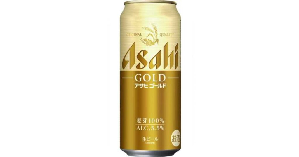 金色と白のデザインのアサヒゴールドビールの缶。正面に「Asahi GOLD アサヒゴールド」のロゴと、「麦芽100% ALC. 5.5% 生ビール」のテキストが書かれている。