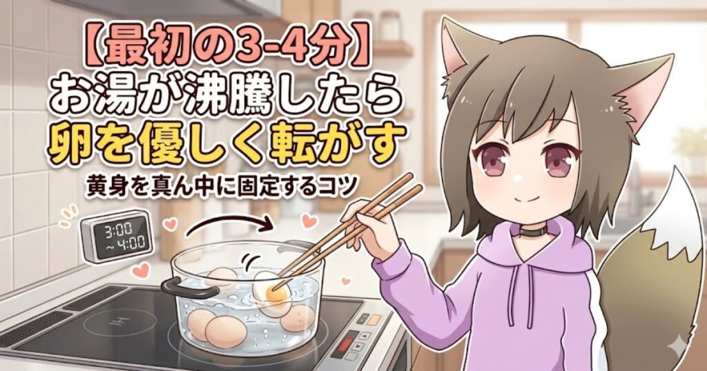 「お湯が沸騰したら卵を優しく転がす」というテキストと共に、キャラクターが鍋の中のゆで卵を箸で転がしているイラスト。黄身を真ん中に固定する最初の3〜4分のコツとして紹介されています