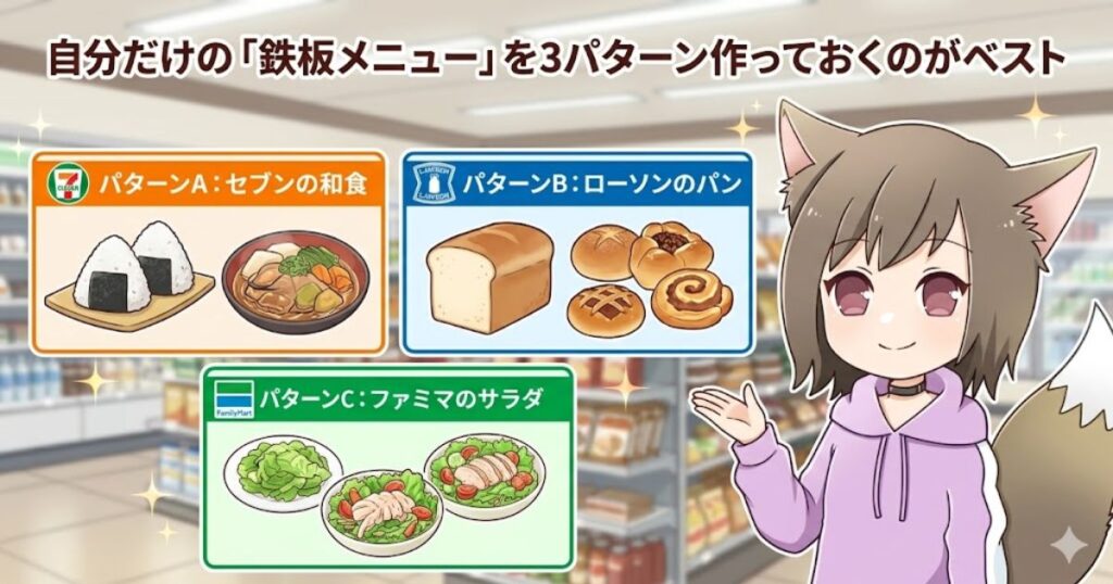 自分だけの鉄板メニュー3パターン（パターンA：セブンの和食、パターンB：ローソンのパン、パターンC：ファミマのサラダ）