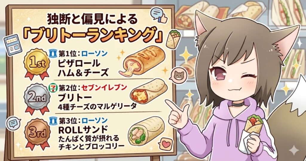 独断と偏見による「ブリトーランキング」トップ3（ローソン、セブンイレブン）を解説する女性のイラスト画像