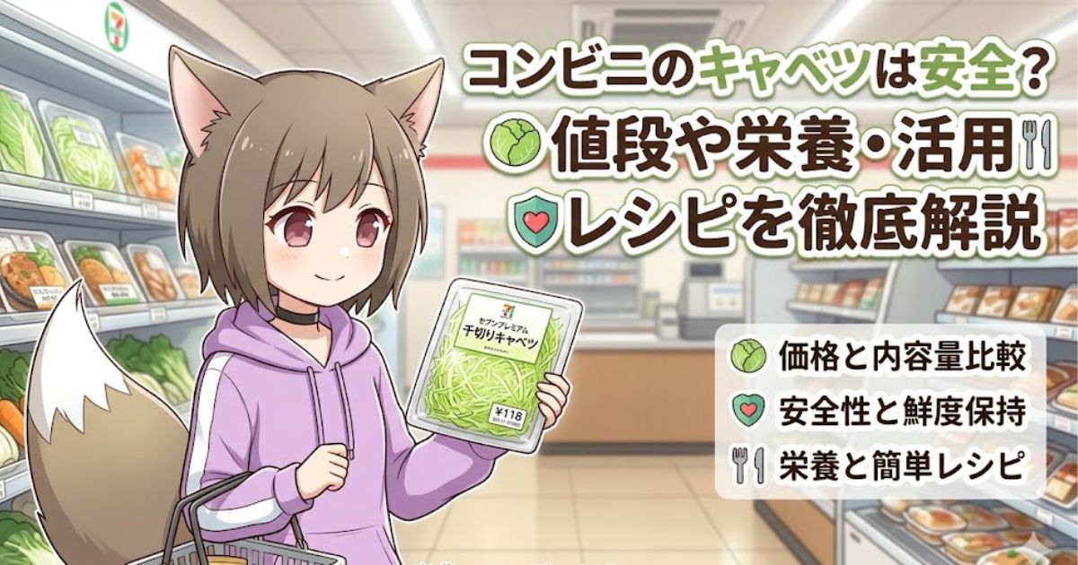 アイキャッチ画像：コンビニで千切りキャベツを手にする女性のイラストと、「コンビニのキャベツは安全？値段や栄養・活用レシピを徹底解説」のタイトルテキスト