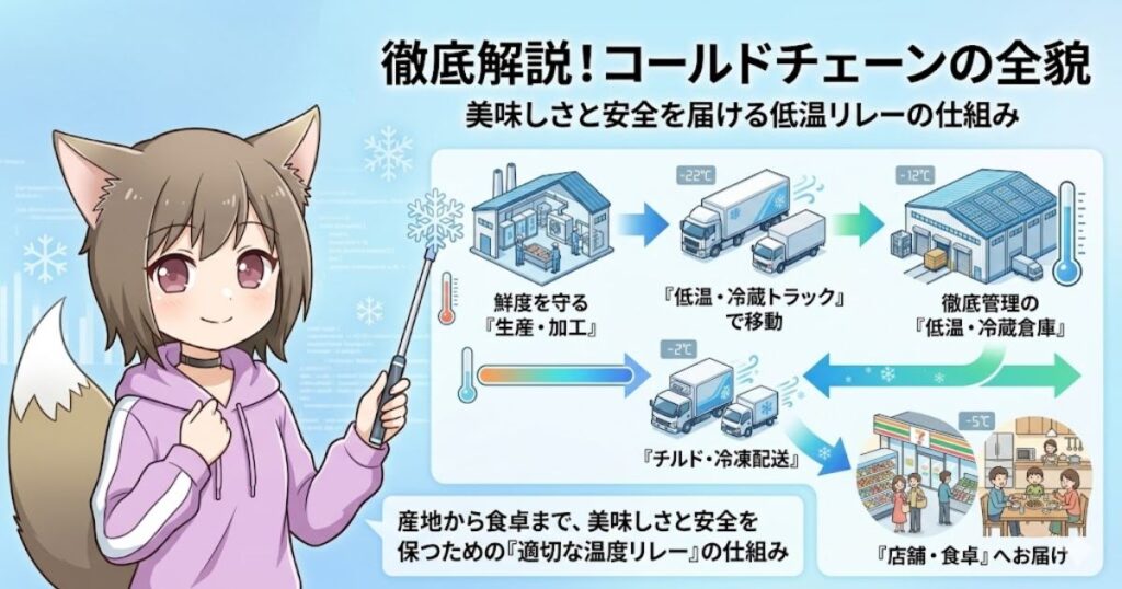 産地から店頭まで適切な温度で鮮度と安全を保つ「コールドチェーン（低温リレー）」の仕組みを解説した図解イラスト
