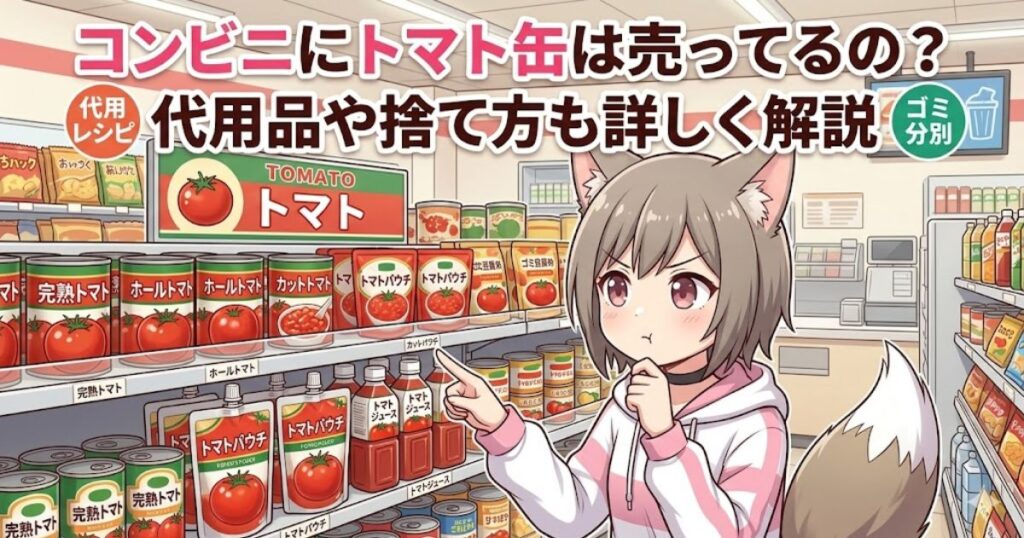 「コンビニにトマト缶は売ってるの？代用品や捨て方も詳しく解説」というタイトルと、コンビニの棚の前でトマト製品を見ている女の子のイラスト