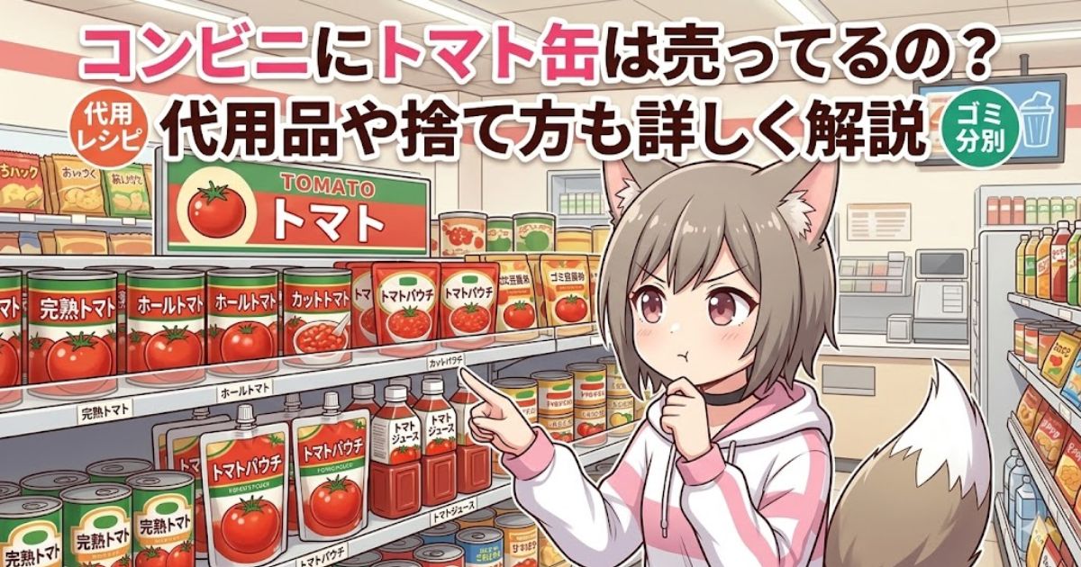 「コンビニにトマト缶は売ってるの？代用品や捨て方も詳しく解説」というタイトルと、コンビニの棚の前でトマト製品を見ている女の子のイラスト
