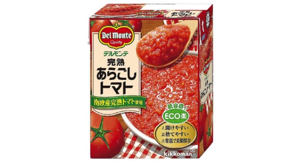 デルモンテ「完熟あらごしトマト」のエコな紙パック商品のパッケージ