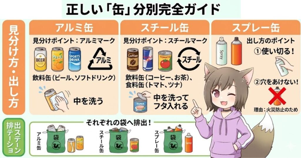 アルミ缶、スチール缶、スプレー缶の正しい見分け方と出し方を女の子が解説している図解イラスト