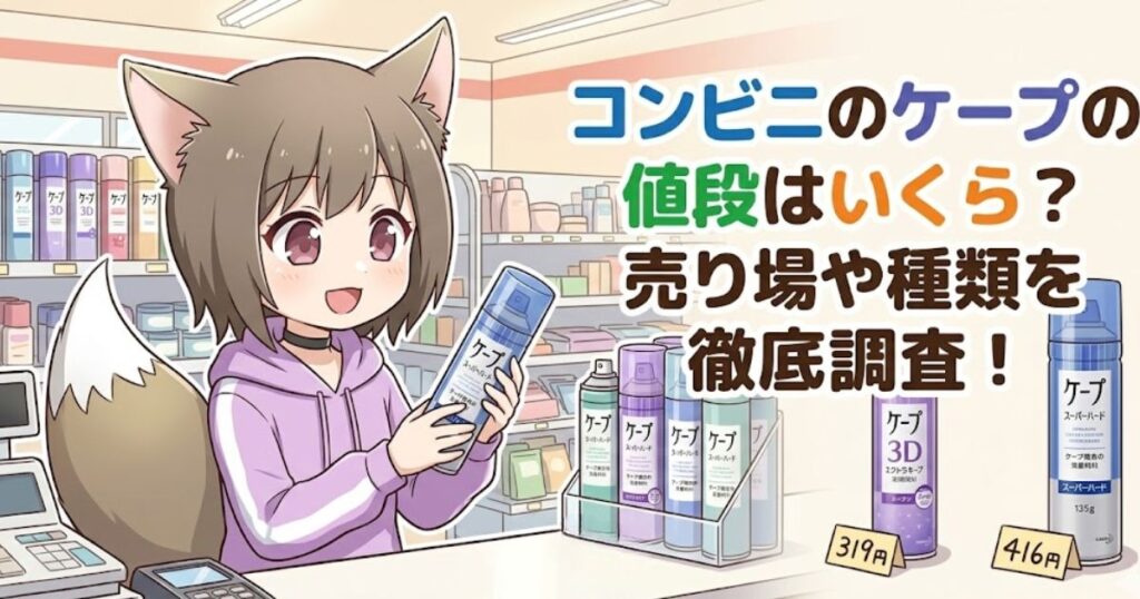 コンビニでのヘアスプレー「ケープ」の値段や種類、売り場について解説するアイキャッチ画像