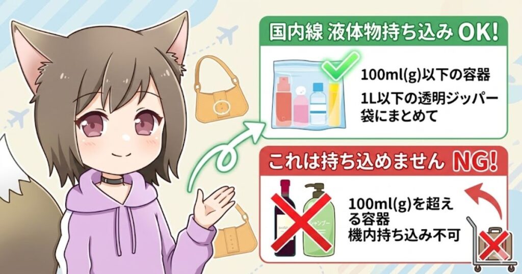 飛行機の国内線における、100ml以下の透明ジッパー袋に入れた液体物の持ち込みOK例と、100mlを超えるNG例の解説図