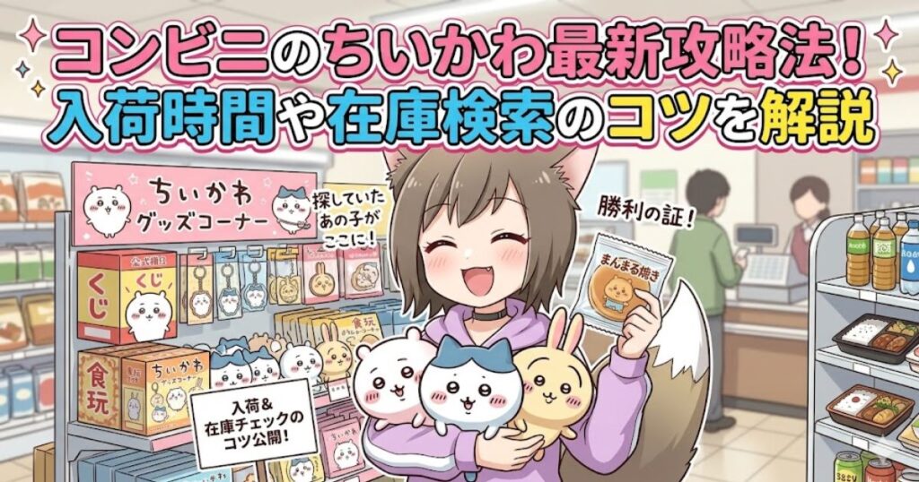 コンビニでちいかわのぬいぐるみやグッズを手にして喜ぶ女の子のイラストと、「コンビニのちいかわ最新攻略法!」のタイトルテキスト