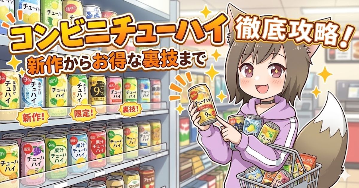 コンビニチューハイ徹底攻略！新作からお得な裏技までと書かれた、コンビニでチューハイを選ぶ女の子のイラスト