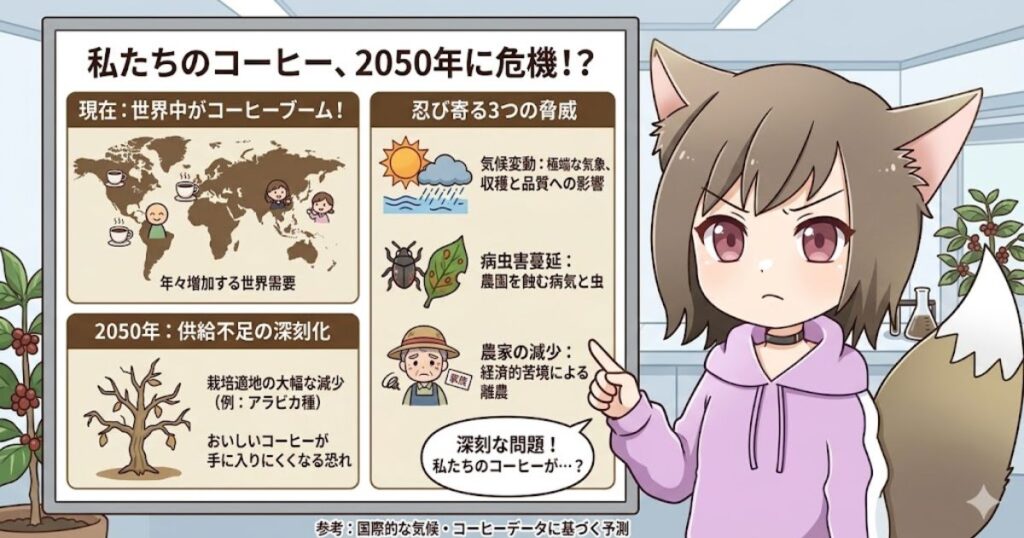 将来のコーヒー供給や価格に影響を与える「コーヒーの2050年問題」について解説するボードと女性のイラスト