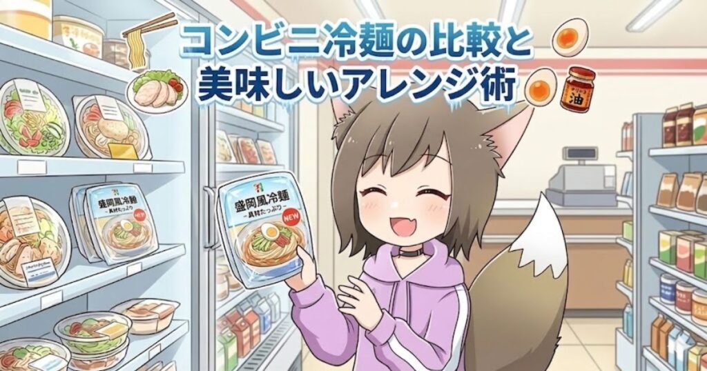コンビニの冷蔵棚の前で「盛岡風冷麺」を手に持ち、楽しそうに微笑む猫耳の女の子のイラスト。「コンビニ冷麺の比較と美味しいアレンジ術」というタイトル文字が入ったアイキャッチ画像。