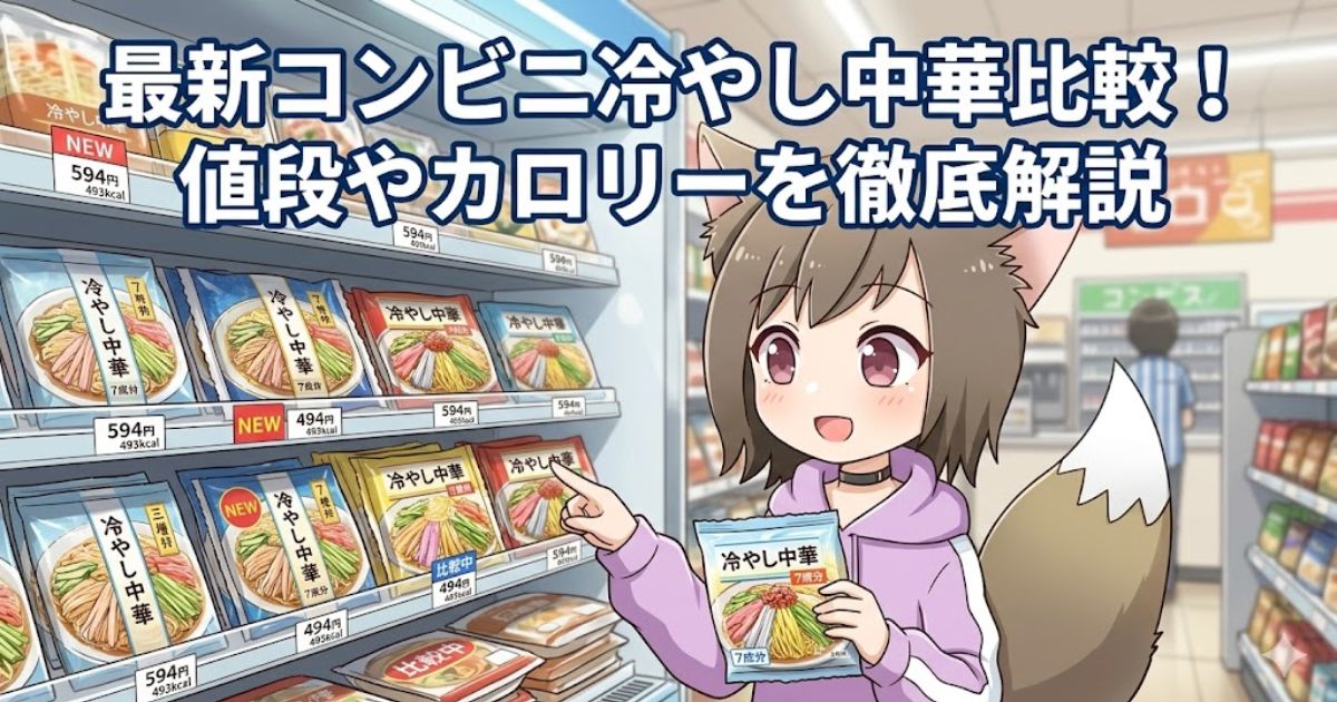 最新コンビニ冷やし中華比較！値段やカロリーを徹底解説のタイトルと、コンビニで冷やし中華を選ぶ女の子のイラスト