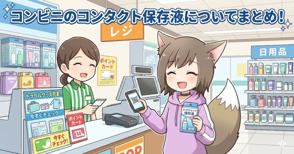 「コンビニのコンタクト保存液についてまとめ！」というタイトル文字とともに、コンビニのレジでスマホ決済をしてコンタクト保存液を購入する猫耳の女の子のイラスト