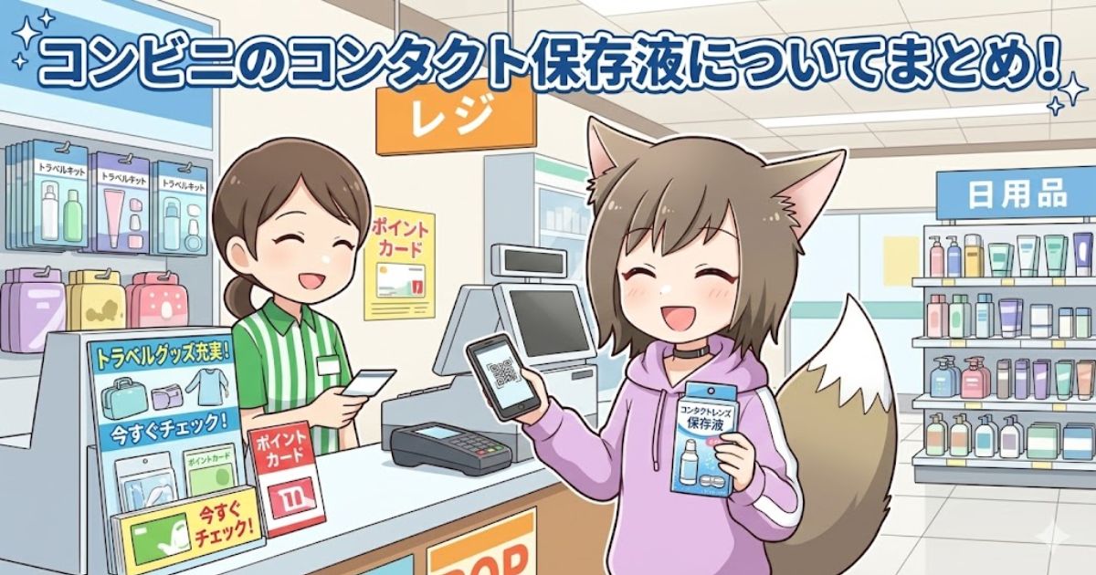「コンビニのコンタクト保存液についてまとめ！」というタイトル文字とともに、コンビニのレジでスマホ決済をしてコンタクト保存液を購入する猫耳の女の子のイラスト