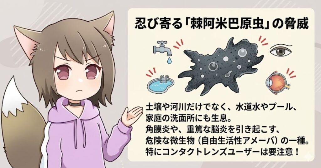 水道水にも潜む危険な微生物「アカントアメーバ（棘阿米巴原虫）」の脅威とコンタクトユーザーへの注意喚起を解説したパネルと、真剣な表情の猫耳の女の子のイラスト