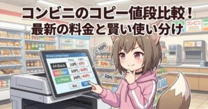 コンビニのコピー値段比較を解説するアイキャッチ画像。マルチコピー機の料金画面を指差す女性キャラクター