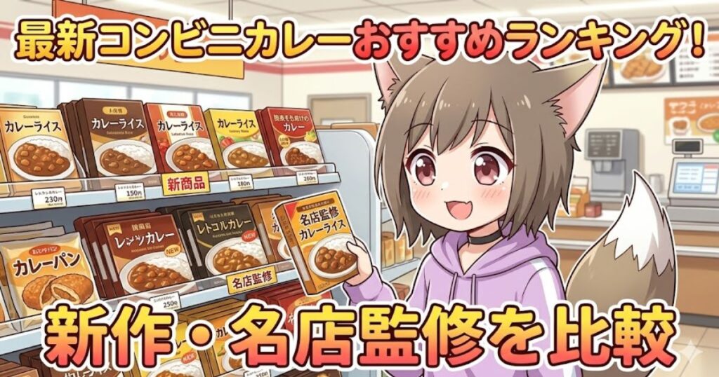 アイキャッチ画像：最新コンビニカレーおすすめランキング！新作・名店監修を比較の文字と、コンビニでカレーを手にする女の子のイラスト