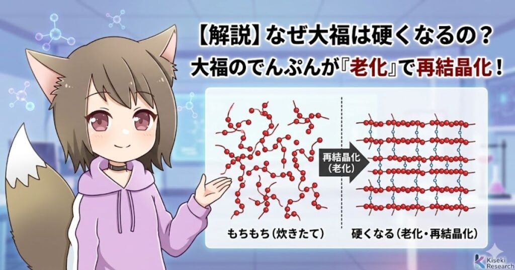 大福が硬くなる原因である「でんぷんの老化（再結晶化）」の仕組みを、分子構造の変化とともに図解で解説しているイラスト