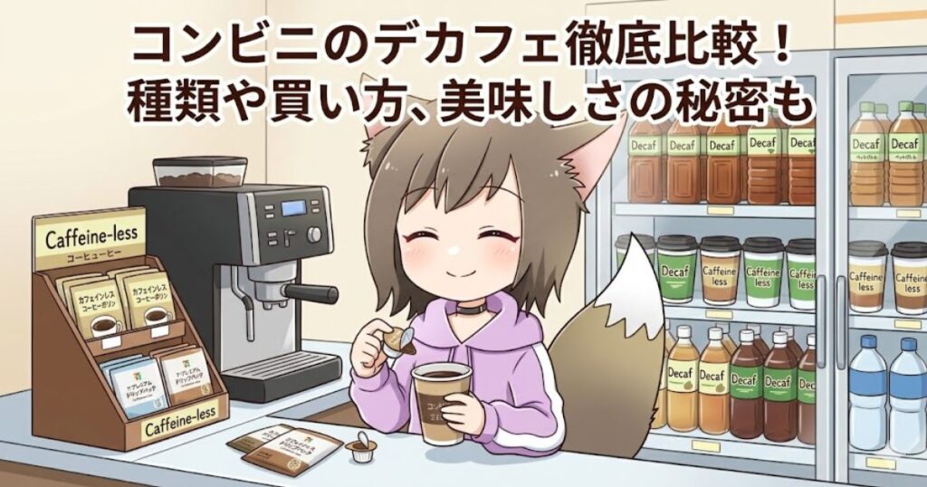 コンビニでデカフェコーヒーを選ぶ女性のイラスト（記事アイキャッチ画像：コンビニのデカフェ徹底比較！種類や買い方、美味しさの秘密も）