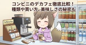 コンビニでデカフェコーヒーを選ぶ女性のイラスト（記事アイキャッチ画像：コンビニのデカフェ徹底比較！種類や買い方、美味しさの秘密も）