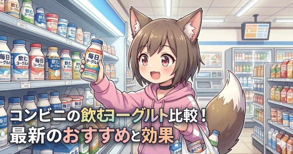 コンビニの棚の前で飲むヨーグルトを手に持つ、狐耳と尻尾があるキャラクターのイラスト。中央に『コンビニの飲むヨーグルト比較！最新のおすすめと効果』の文字