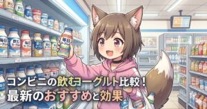 コンビニの棚の前で飲むヨーグルトを手に持つ、狐耳と尻尾があるキャラクターのイラスト。中央に『コンビニの飲むヨーグルト比較！最新のおすすめと効果』の文字