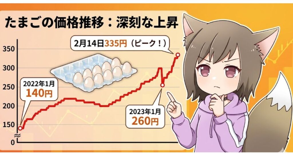 たまごの価格推移を示す折れ線グラフのイラスト。2022年1月の140円から急激に上昇し、2月14日に335円のピークを迎えた深刻な状況を、獣耳の女の子が指差して解説している