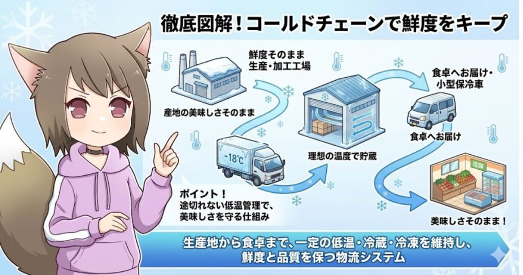 コールドチェーンの仕組みを解説する図解イラスト。生産工場から保冷車、冷蔵倉庫を経て店舗へ一定の低温で運ばれ鮮度を保つ流れを、獣耳の女の子が説明している