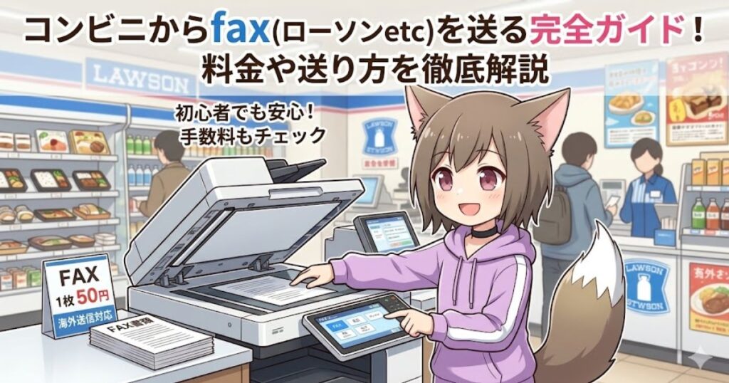 ローソンのマルチコピー機でFAXを操作するキャラクターのイラストと、「コンビニからfaxを送る完全ガイド」のタイトル文字