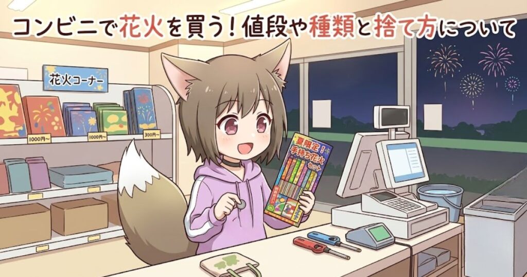 コンビニのレジで手持ち花火セットを購入する女の子のイラストと記事タイトル