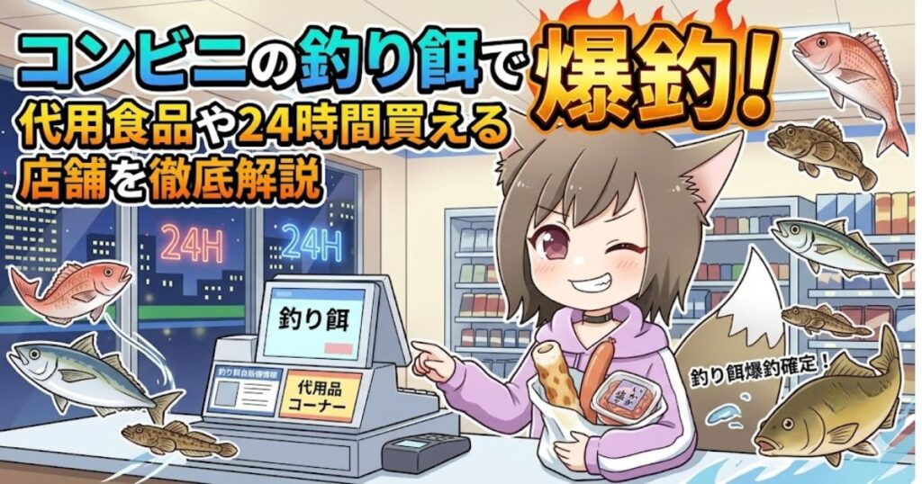 「コンビニの釣り餌で爆釣！代用食品や24時間買える店舗を徹底解説」の文字と、レジで代用食品を買うキツネ耳の女の子のイラスト
