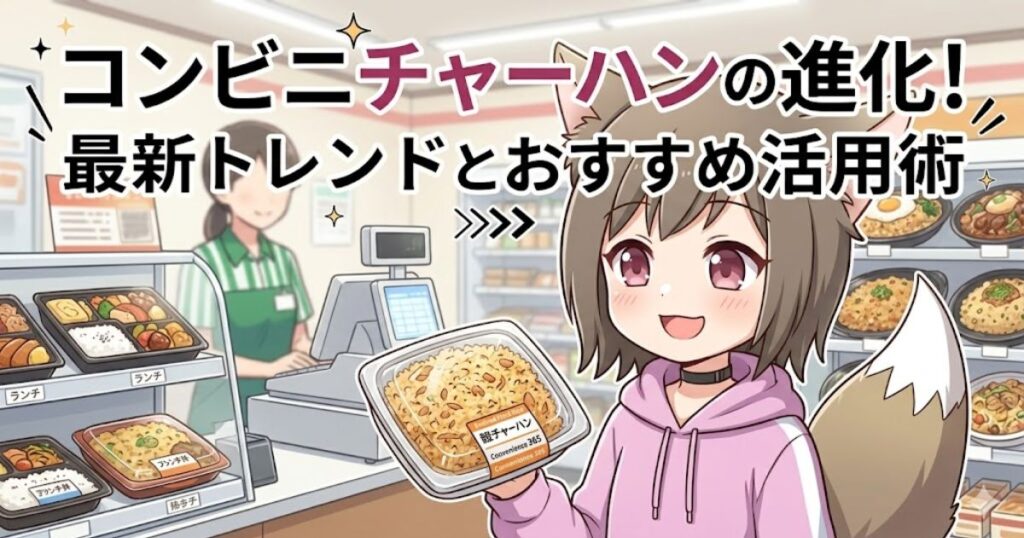 コンビニの店内でチャーハン弁当を手にする女の子のイラストと「コンビニチャーハンの進化！最新トレンドとおすすめ活用術」のタイトル文字