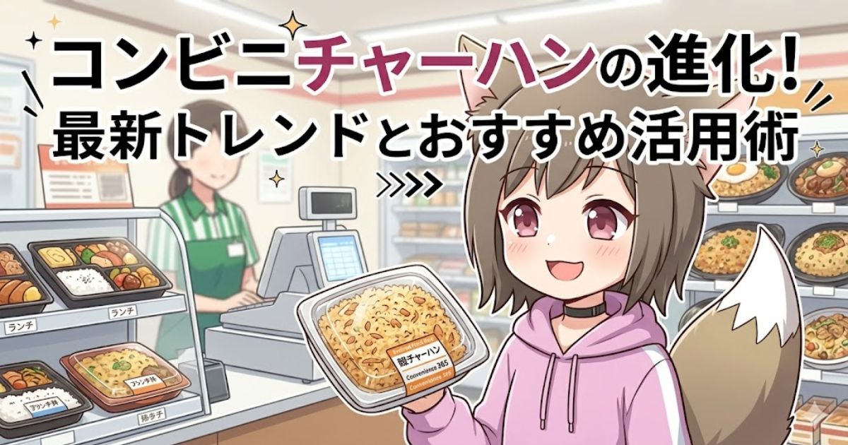 コンビニの店内でチャーハン弁当を手にする女の子のイラストと「コンビニチャーハンの進化！最新トレンドとおすすめ活用術」のタイトル文字
