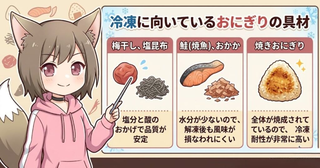 冷凍に向いているおにぎりの具材（梅干し・塩昆布、鮭・おかか、焼きおにぎり）とその理由の解説図